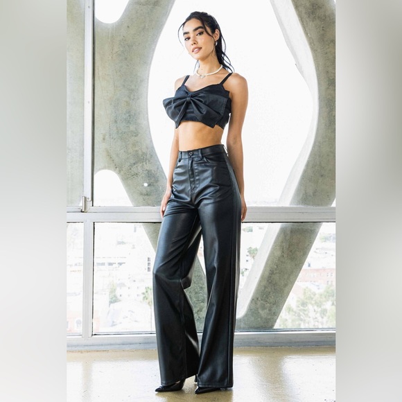 NWT Vibrant M.I.U Elegant Black Flare faux Leather Pants - Picture 3 of 9